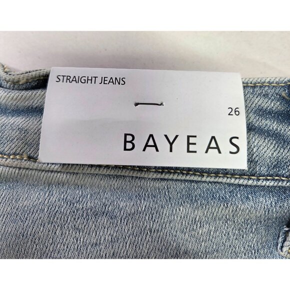 Bayeas Womens Size 26 Off Set Waist Light Wash Distressed Jeans Straight Leg NWT - Picture 10 of 16
